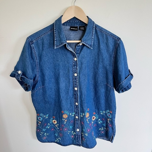 π
ΊDENIM Short Sleeve Button Down w/ Floral Embroidery - Picture 8 of 8